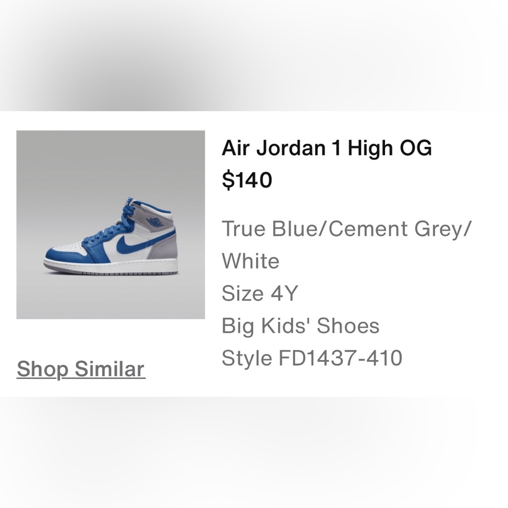 Air Jordan 1 High OG
True Blue/Cement Grey/ White
Size 4Y
Big Kids' Shoes